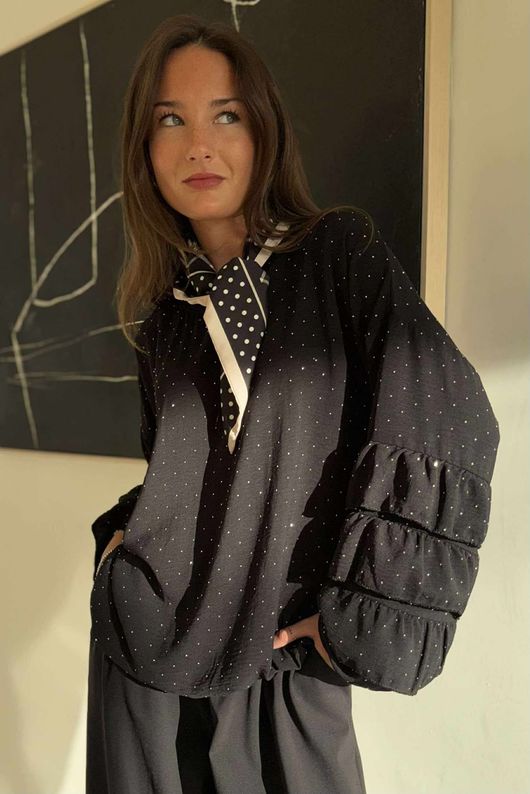 Stella Micro Stud Ruffle Blouse Black